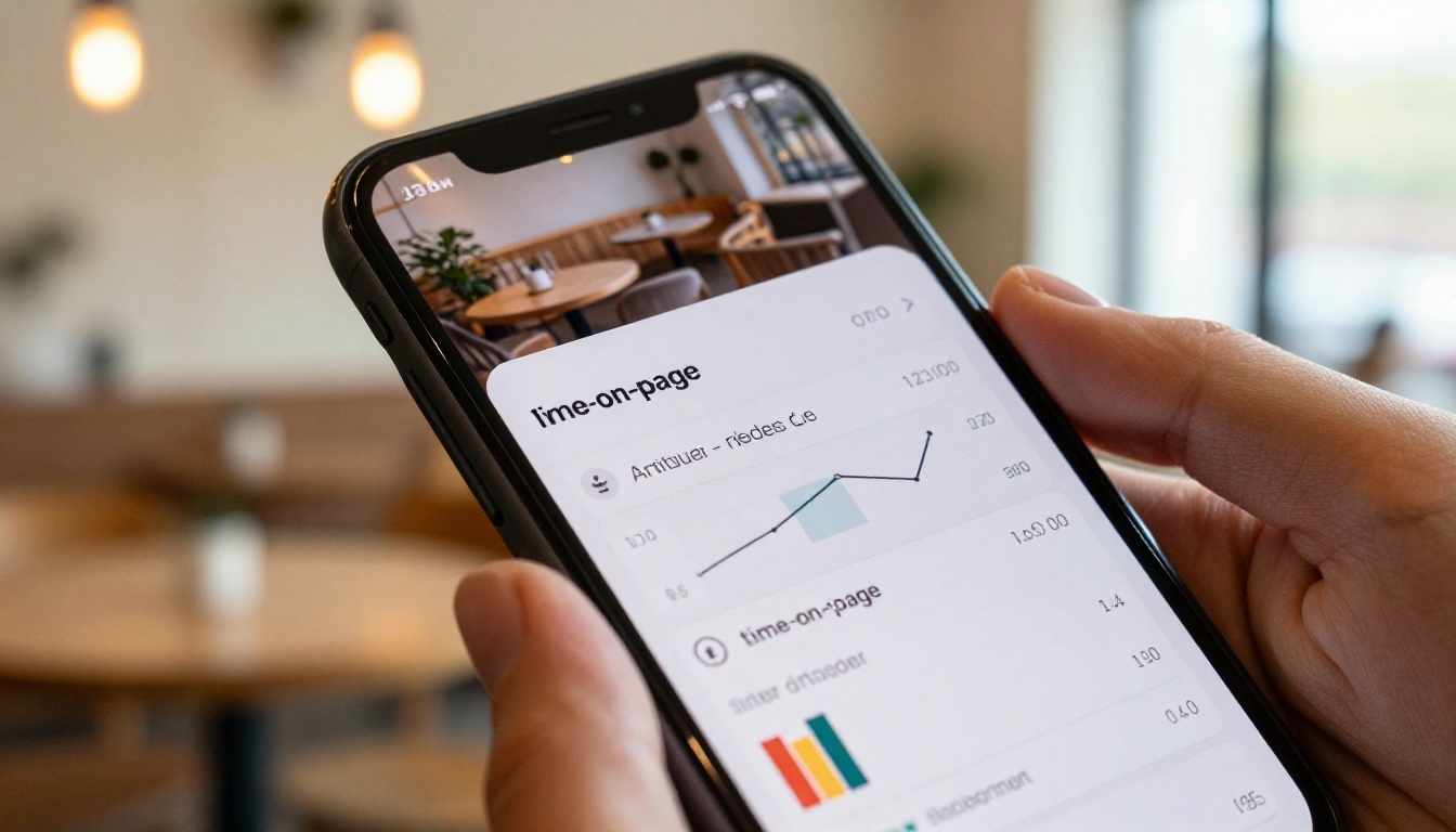 Close-up of a smartphone screen held in a hand displaying a mobile analytics dashboard with reader session data for a digital brochure, warm coffee shop bokeh in background Close-up of a smartphone screen held in a hand displaying a mobile analytics dashboard with reader session data for a digital brochure, warm coffee shop bokeh in background