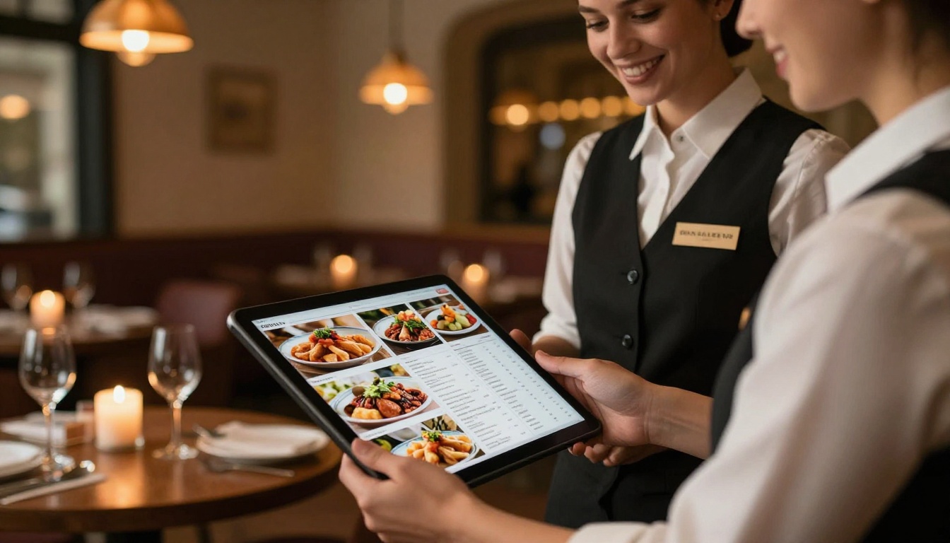 Restaurant hostess holding tablet with digital menu flipbook in warmly lit upscale restaurant interior