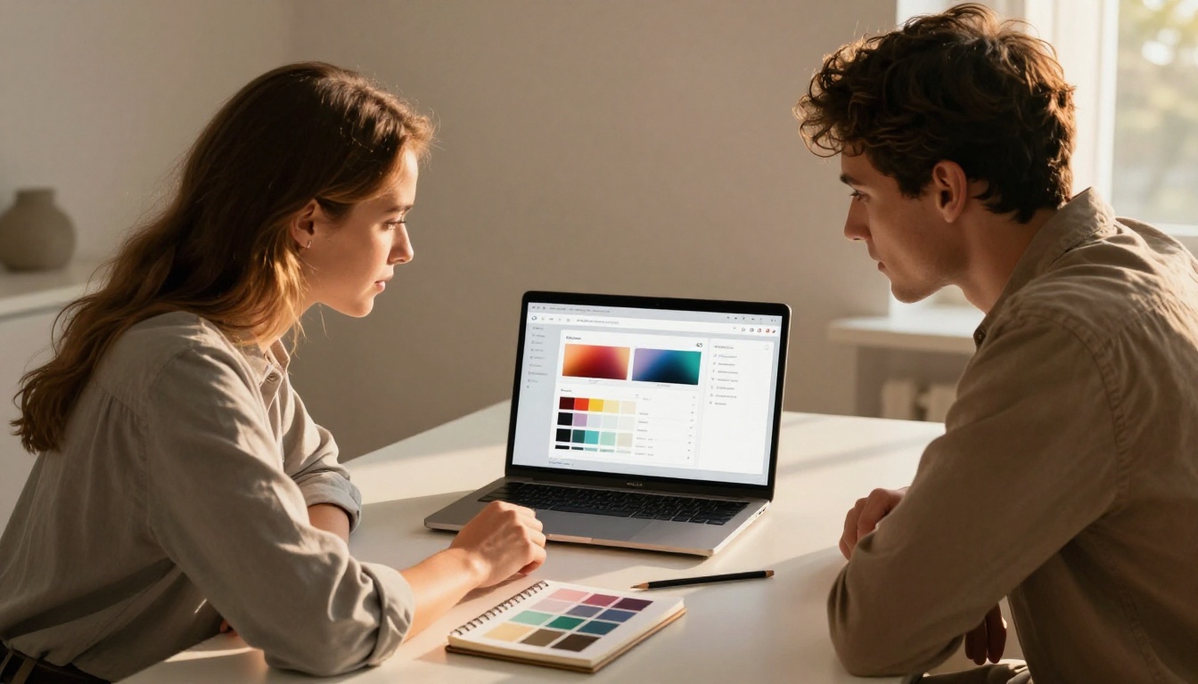 Marketing professional reviewing a flipbook on a monitor at a standing desk in a modern open-plan office