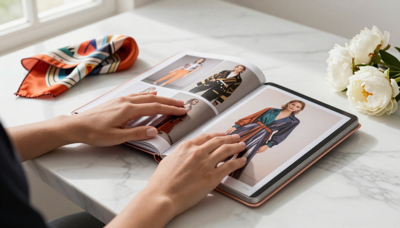 Elegant hands browsing fashion catalog flipbook on rose-gold tablet placed on white marble surface