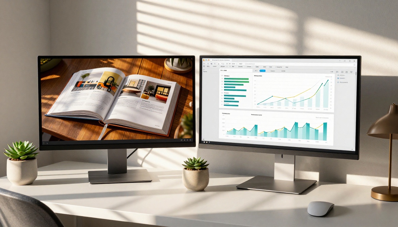 A neat office desk setup with dual monitors showing a digital flipbook catalog on the left and analytics bar charts on the right, morning venetian blind shadows across the desk A neat office desk setup with dual monitors showing a digital flipbook catalog on the left and analytics bar charts on the right, morning venetian blind shadows across the desk