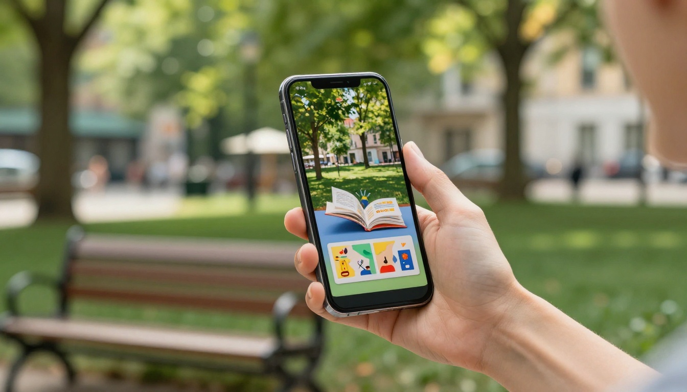 Smartphone displaying a colorful interactive flipbook in an outdoor park setting