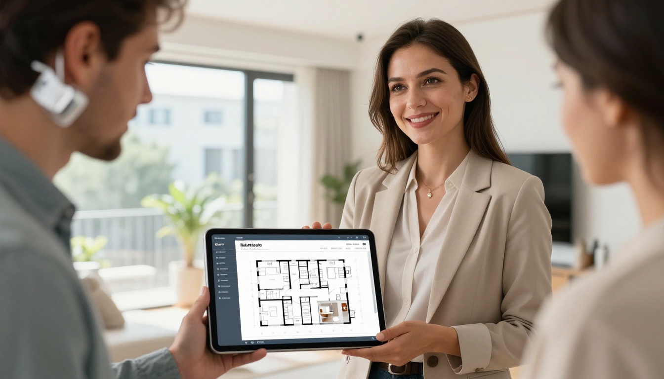 Real estate agent presenting property brochure flipbook on tablet to young couple in bright modern apartment