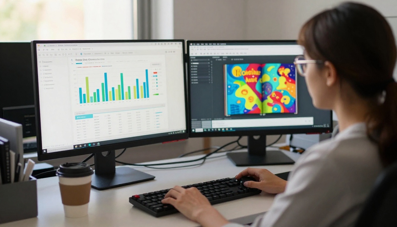 Data analyst reviewing flipbook performance data on dual monitor workstation in bright office