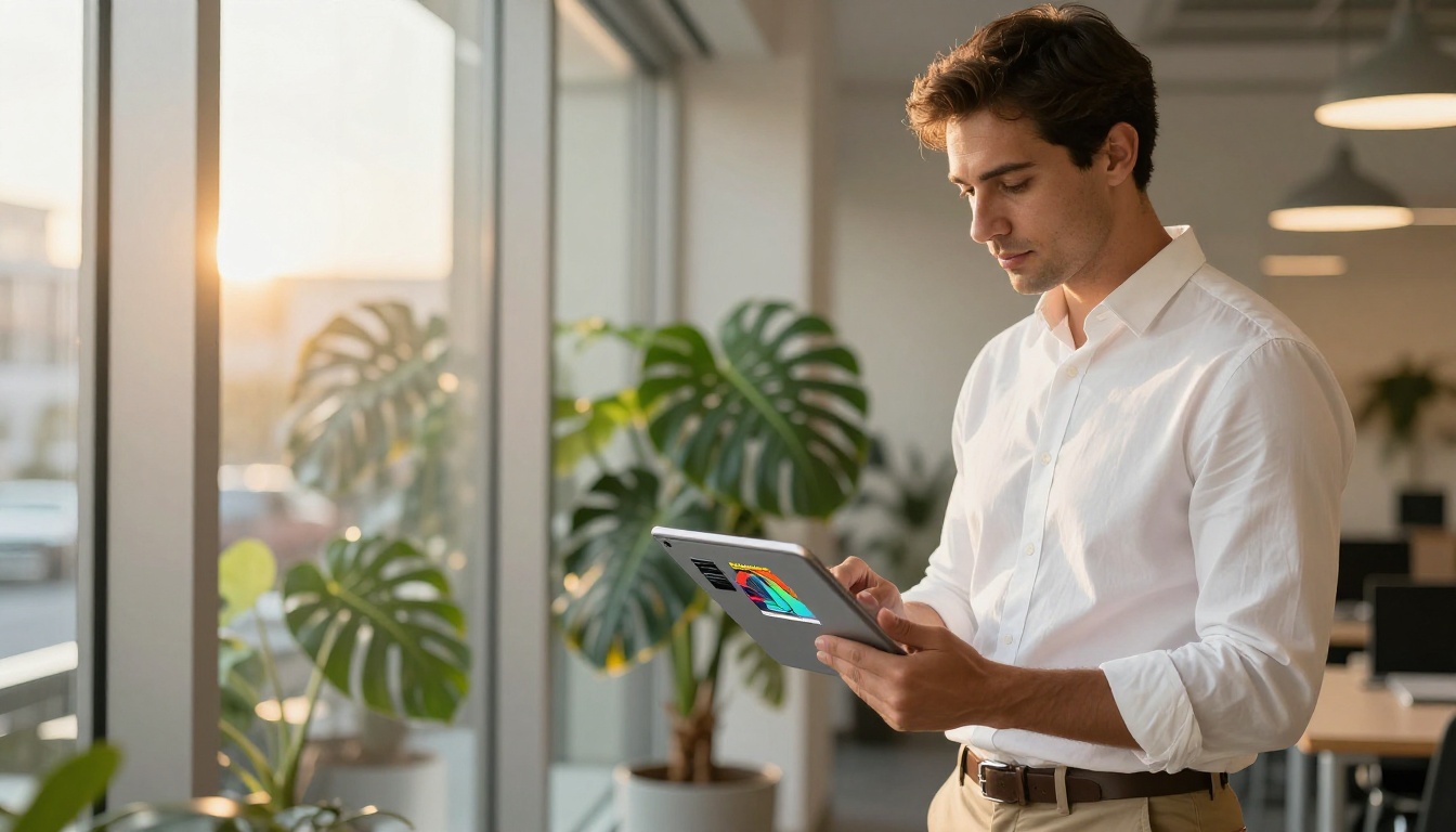 Low-angle shot of a confident professional holding a tablet displaying a colorful reader engagement heat map overlaid on a digital magazine page, warm golden hour light in a modern co-working space Low-angle shot of a confident professional holding a tablet displaying a colorful reader engagement heat map overlaid on a digital magazine page, warm golden hour light in a modern co-working space