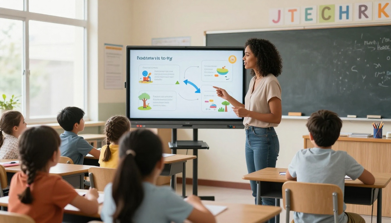 Teacher showing a flipbook on a whiteboard in a bright elementary school classroom