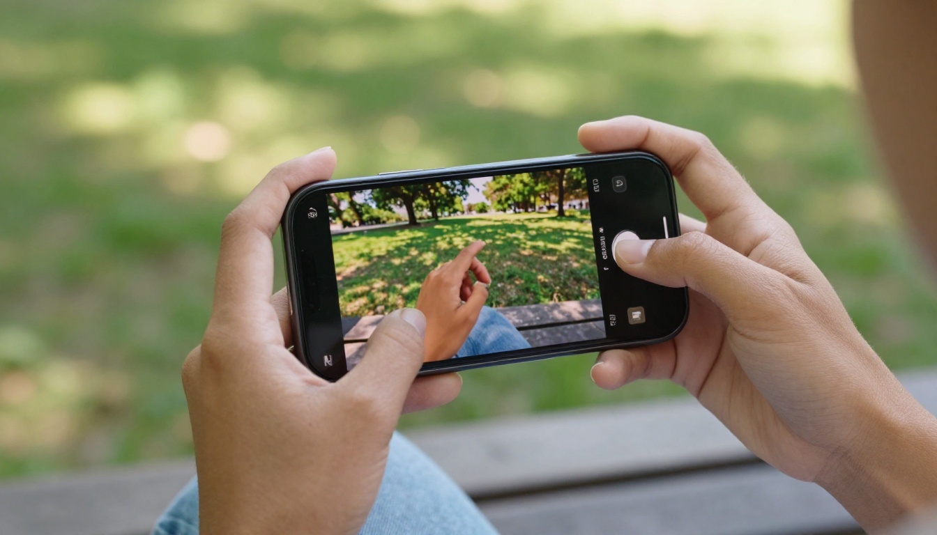 Woman browsing interactive flipbook on smartphone in sunny park with natural light and soft bokeh background