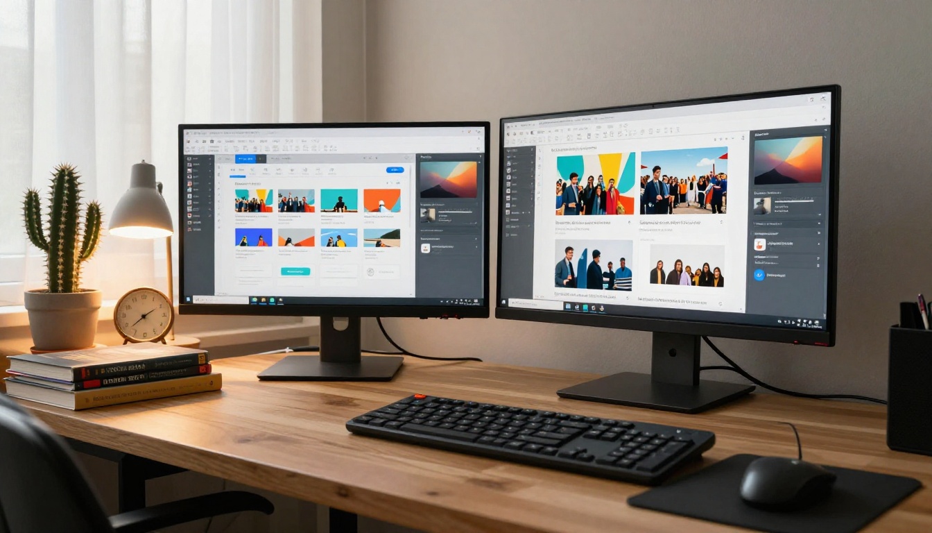 Wide angle view of a dual-monitor desk setup showing PowerPoint and flipbook conversion side by side