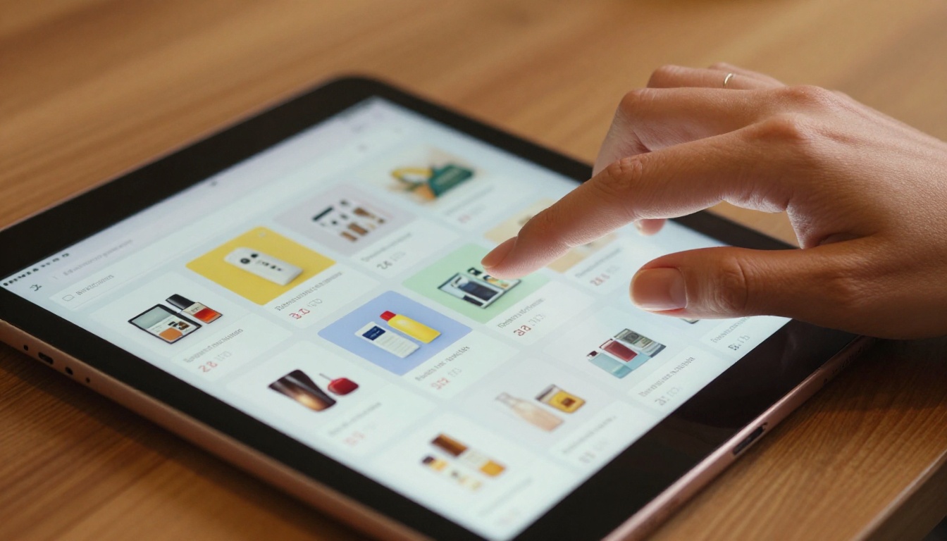 Hands browsing a vibrant digital product catalog on a tablet