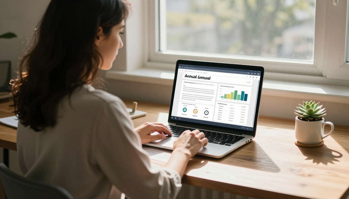 A woman in her early thirties sitting at a bright home office workspace reviewing a printed annual report alongside a laptop showing the same content as a digital flipbook with analytics overlay A woman in her early thirties sitting at a bright home office workspace reviewing a printed annual report alongside a laptop showing the same content as a digital flipbook with analytics overlay