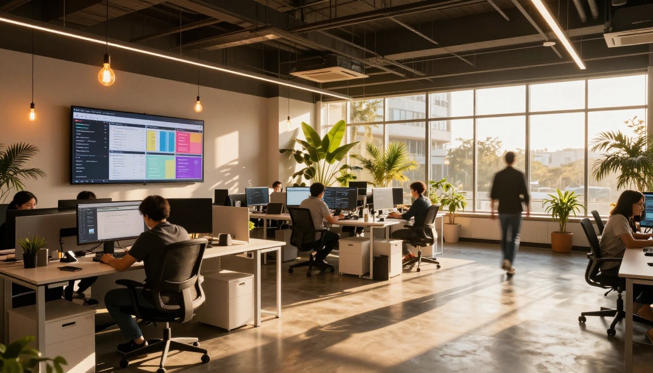 Wide angle view of a modern digital marketing agency office with multiple team members at standing desks, a large real-time analytics dashboard on the far wall, warm Edison bulb pendant lights and tropical plants Wide angle view of a modern digital marketing agency office with multiple team members at standing desks, a large real-time analytics dashboard on the far wall, warm Edison bulb pendant lights and tropical plants