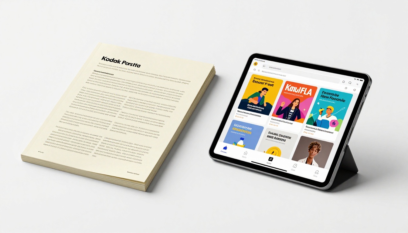 Print paper catalog vs glowing interactive digital catalog on a tablet, side by side