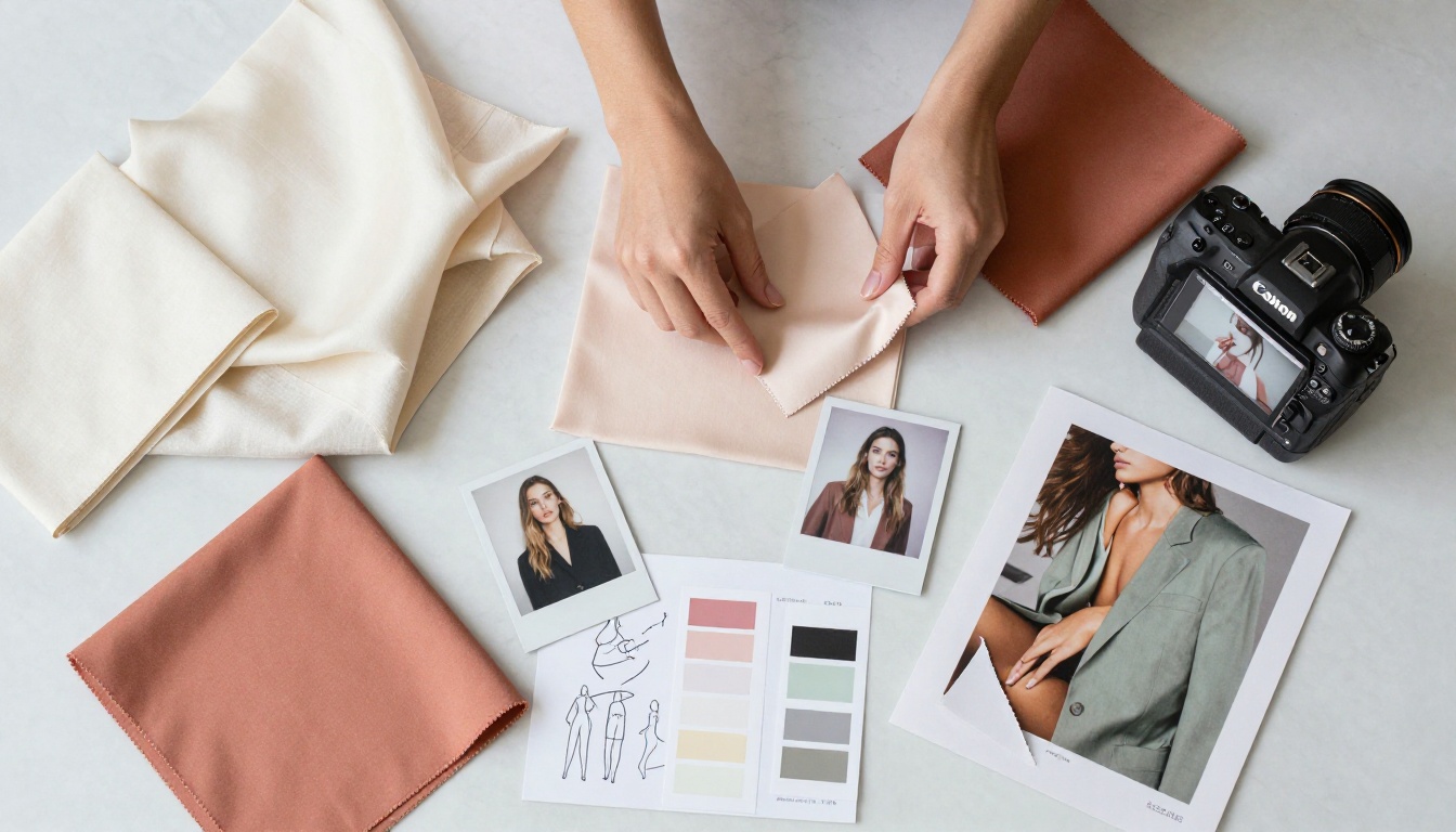 Fashion brand mood board with fabric swatches, Polaroid model shots, and color palette cards arranged on a white marble desk