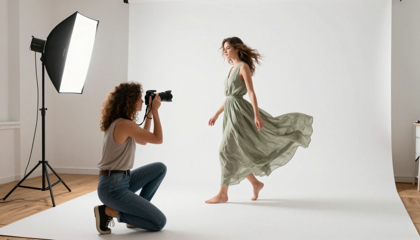 Behind-the-scenes fashion photography shoot in an airy white studio with photographer and model in a flowing sage dress mid-spin