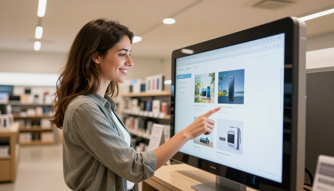 Customer smiling while browsing interactive product catalog on a touchscreen kiosk in a modern retail store