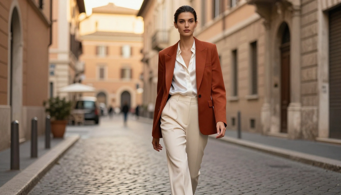 Street fashion editorial of model in rust blazer and cream trousers walking confidently on a cobblestone street in Rome at golden hour