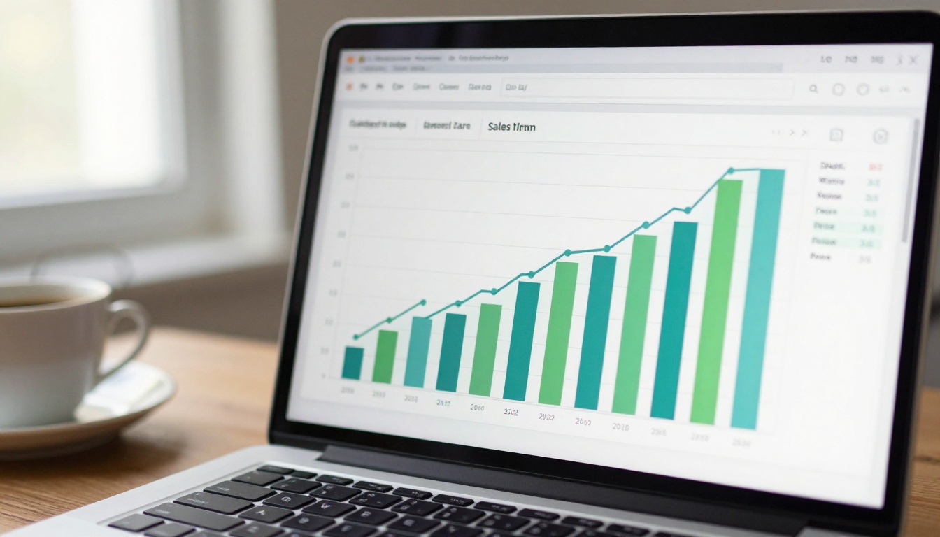 Laptop screen showing sales analytics dashboard with upward trending catalog conversion metrics