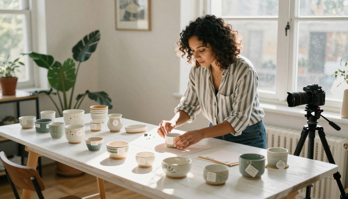 Small business owner arranging handcrafted products for catalog photography in a bright sunlit studio