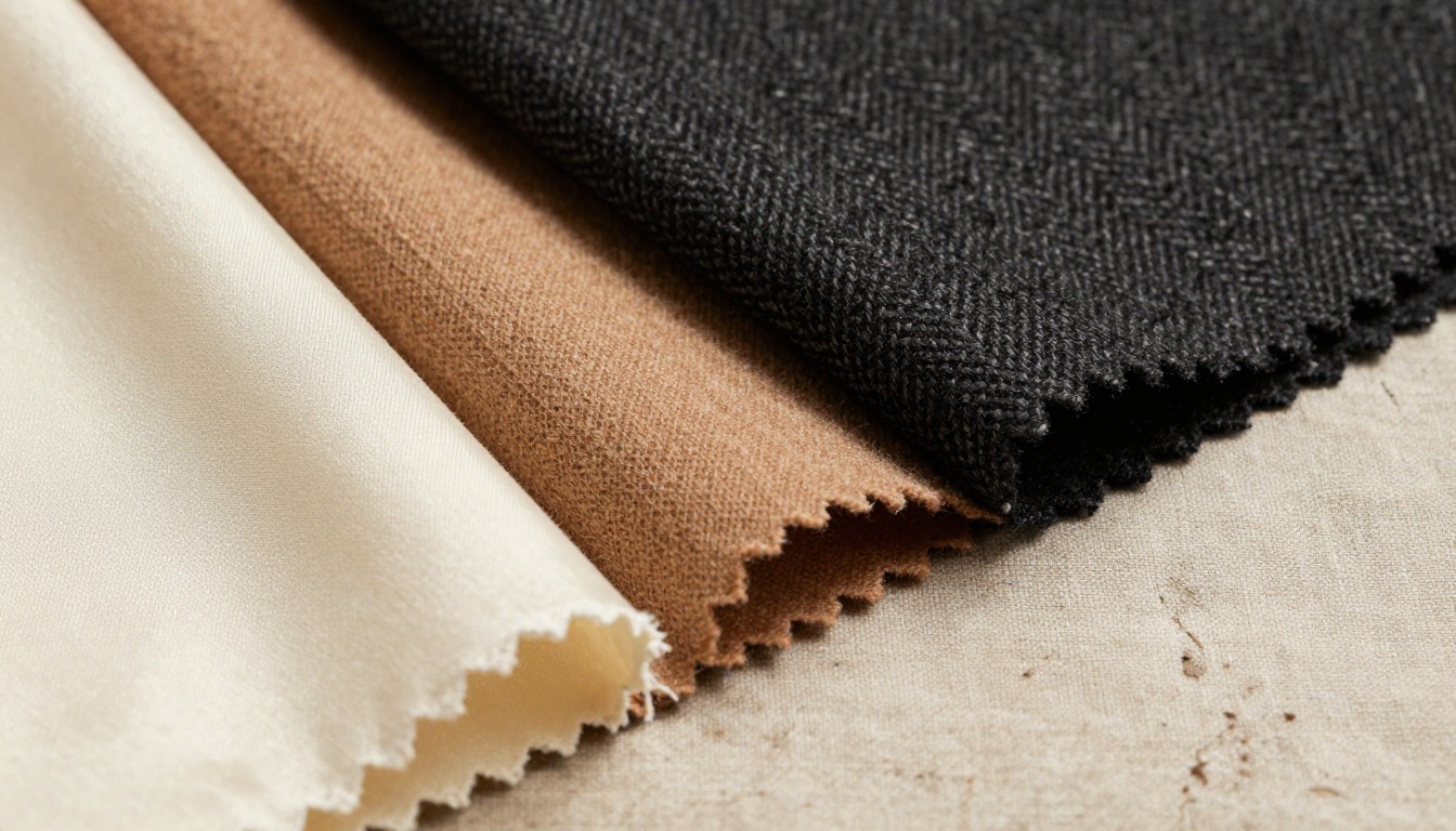 Close-up macro of luxury fabric swatches in silk, cashmere, wool, and linen showing rich texture under raking side light