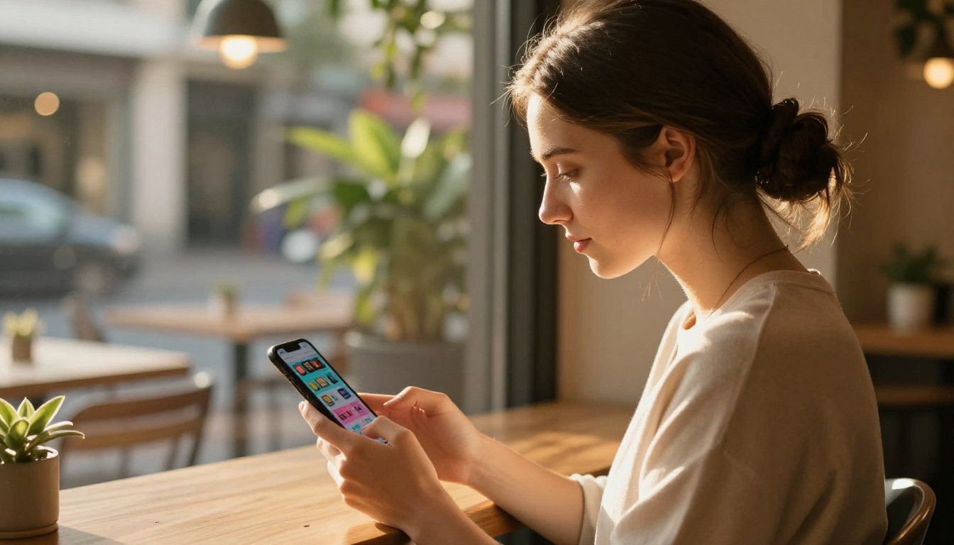 Young woman in cafe window seat scrolling through an interactive product catalog on her smartphone
