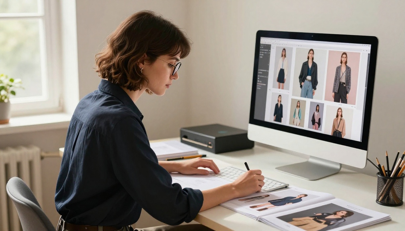 Fashion designer working at desk on lookbook layout spreads on a large screen with a physical proof open beside keyboard