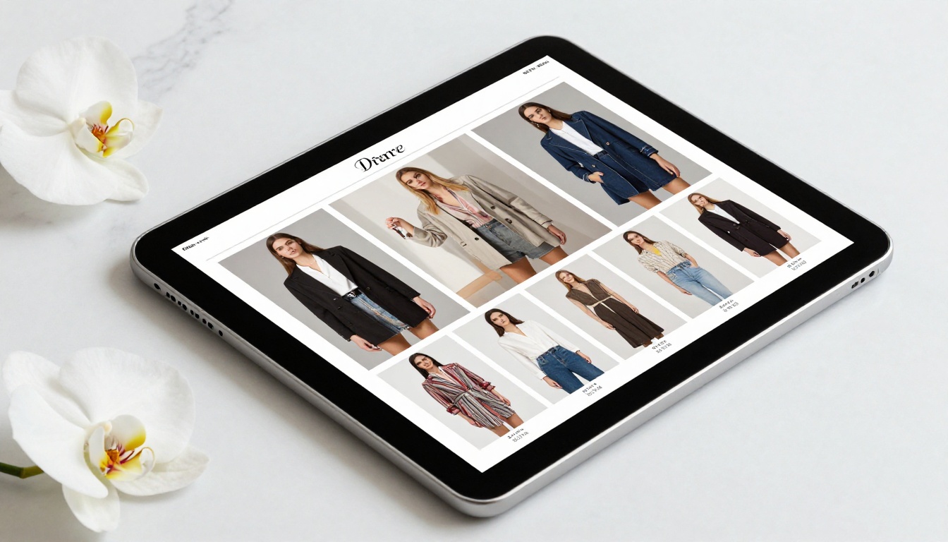 Fashion lookbook spread displayed on a tablet resting on white marble, showing elegant clothing product pages