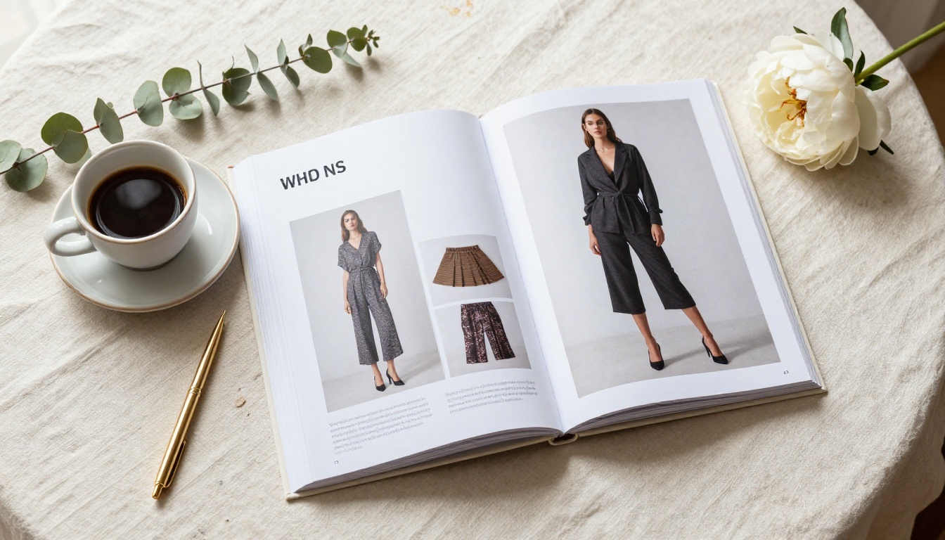 Printed fashion lookbook open on linen tablecloth beside ceramic espresso cup, gold pen, eucalyptus stems, and a white peony