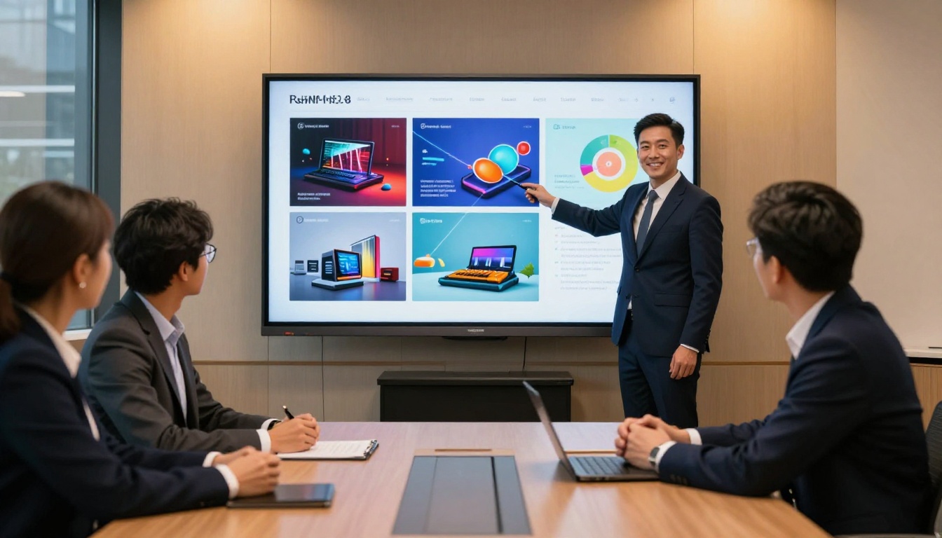 Confident sales representative presenting interactive catalog on large boardroom screen to corporate clients