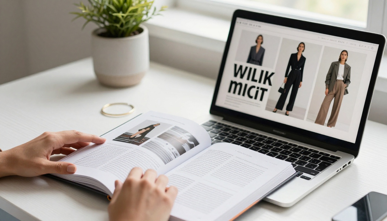 Digital fashion lookbook displayed on laptop and tablet on a white oak desk with a woman's hand scrolling through pages