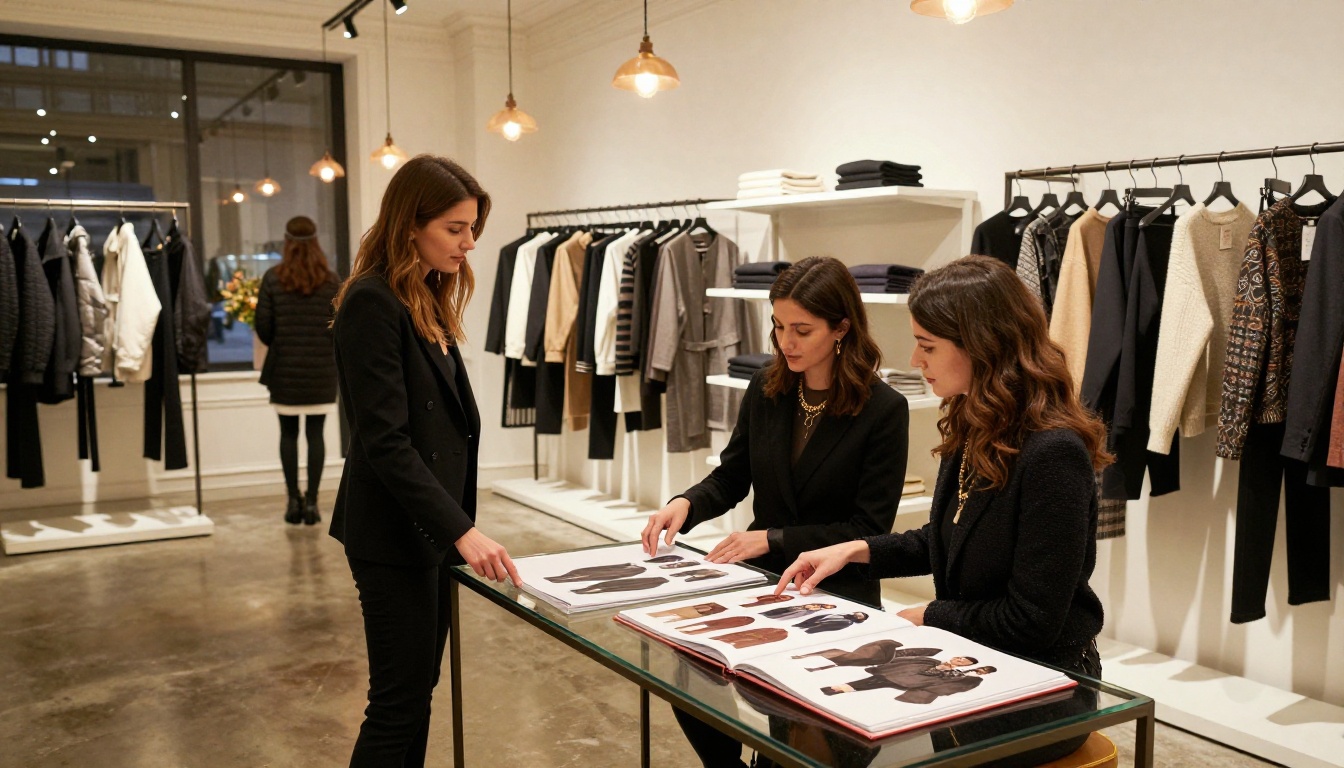 Two women presenting a printed fashion lookbook to a buyer in a chic Parisian showroom with white shelving and polished concrete floors