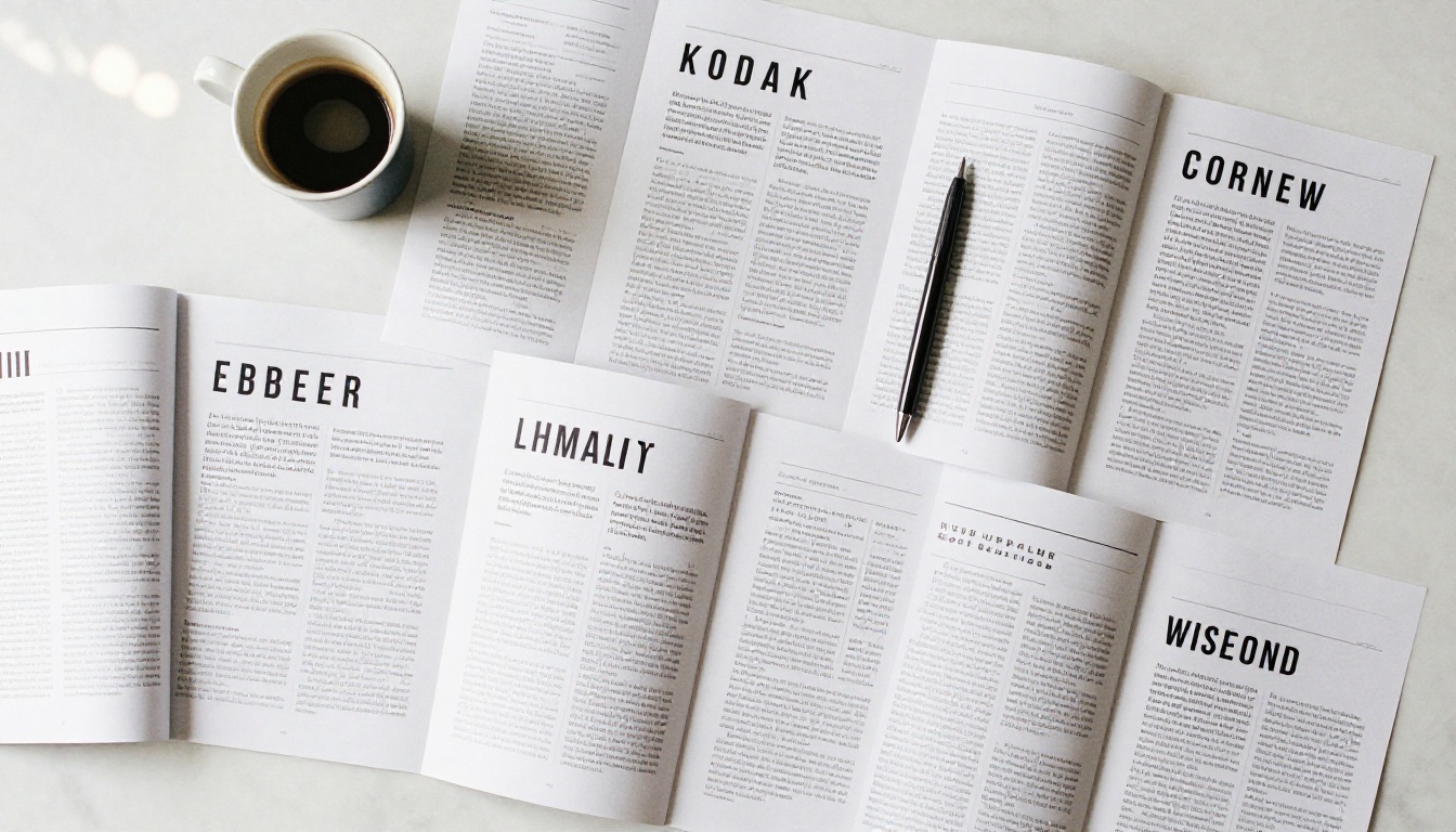 Newsletter pages spread across a marble desk showing editorial layout design
