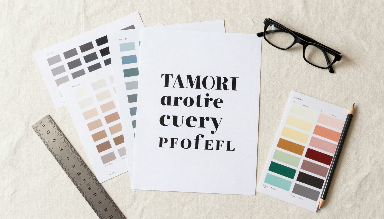 Color swatches, typography samples, and design tools flat lay on a cream surface