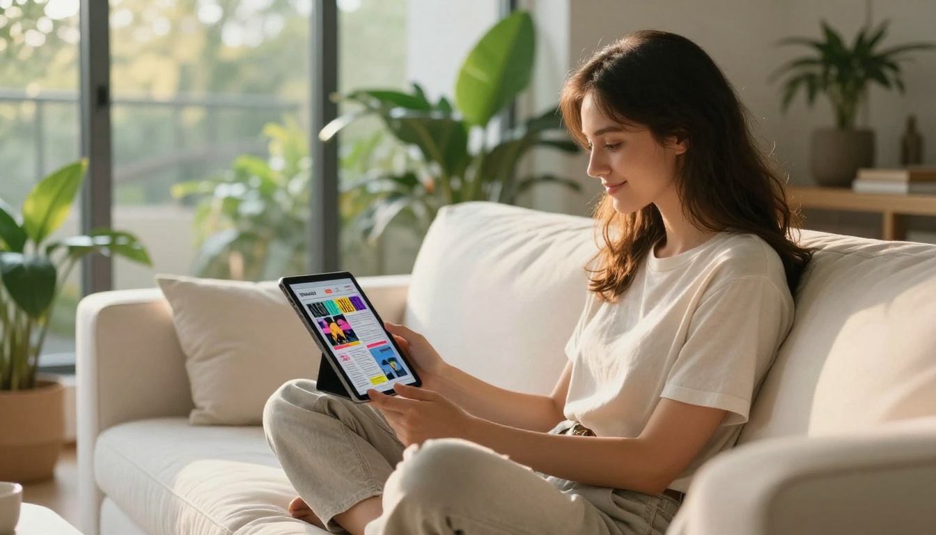 Woman reading an interactive newsletter flipbook on a tablet on a white sofa