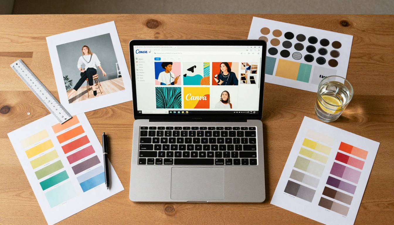 Designer working with templates overhead view
