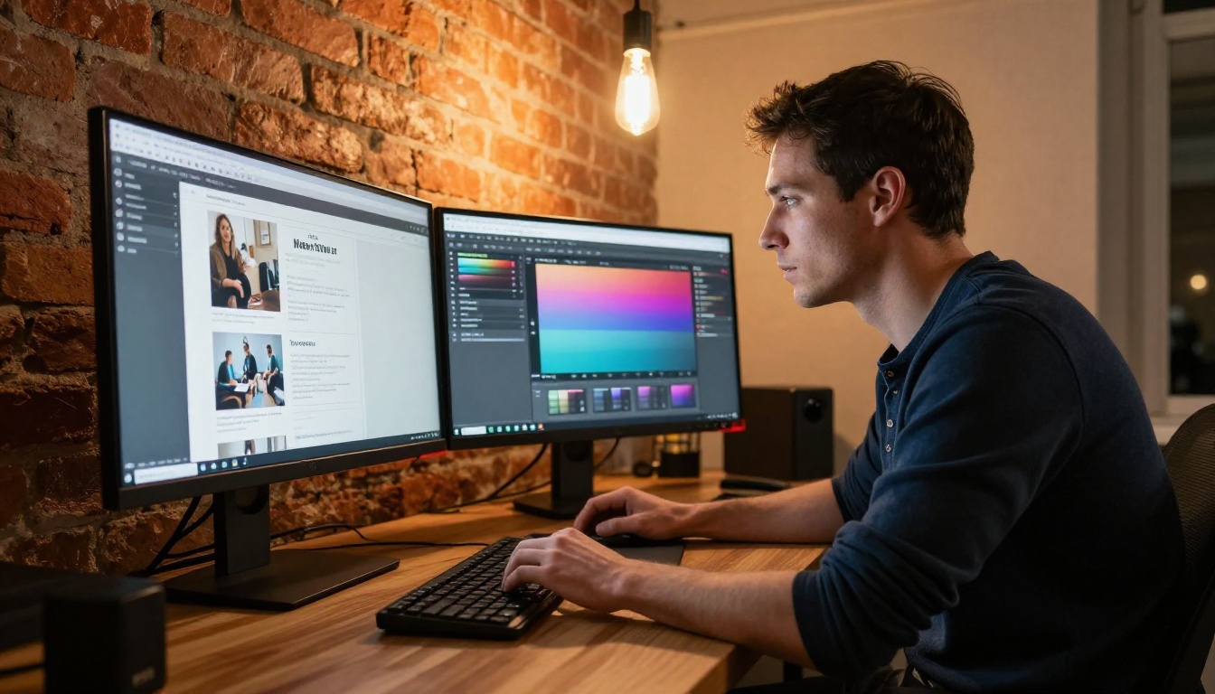Designer reviewing newsletter layout on dual monitors in an industrial-style home office