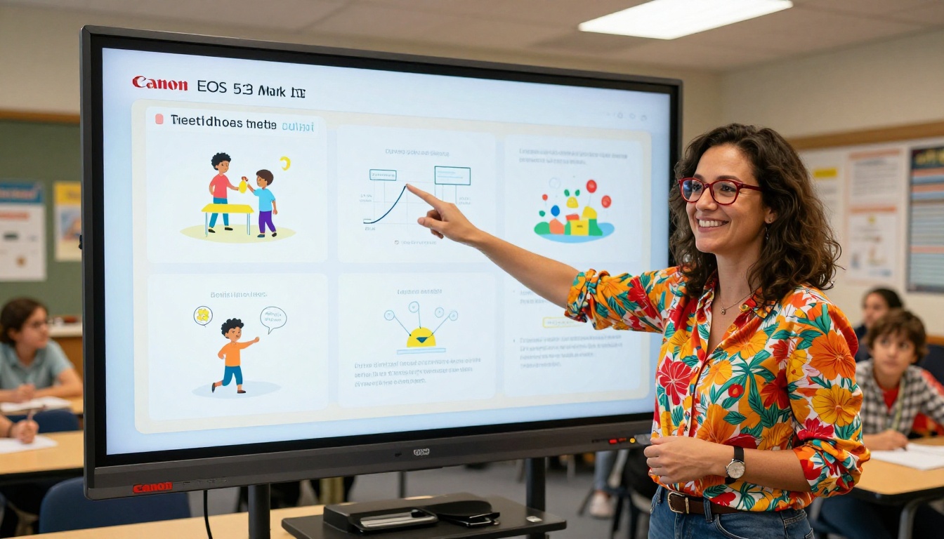 Teacher showing digital flipbook in classroom