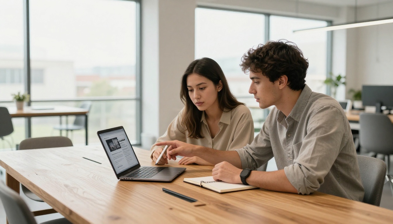 Two young professionals collaborating on a newsletter design at a conference table
