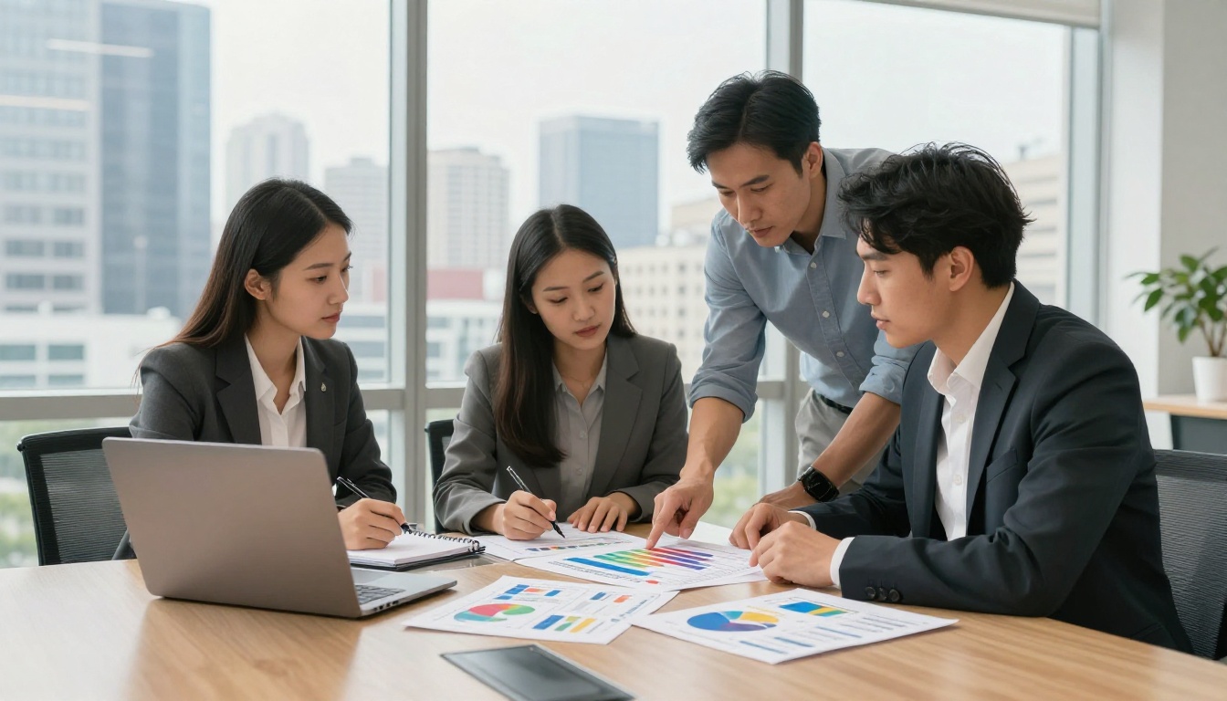 Marketing team reviewing flipbook reader data in conference room