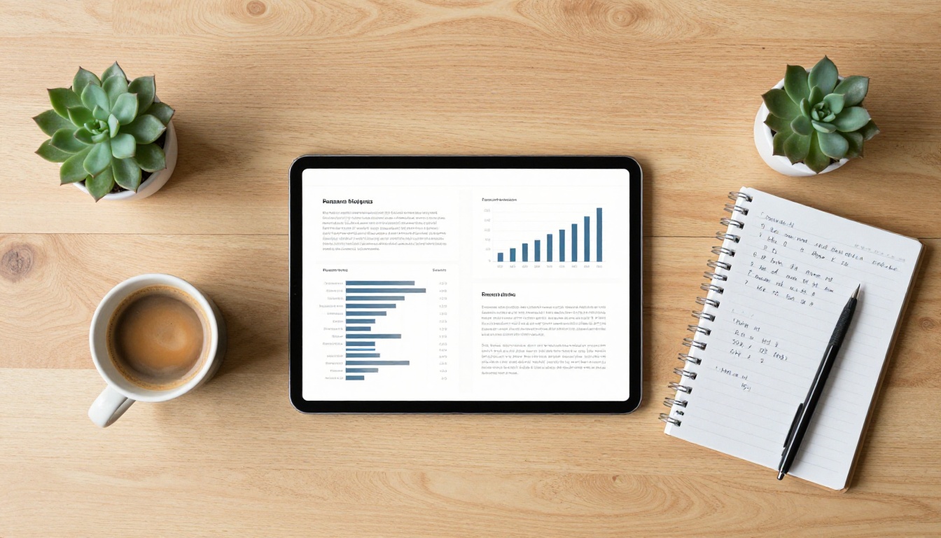 Desk flatlay with analytics report and tablet showing flipbook