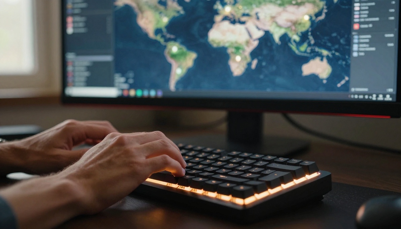 Hands typing on keyboard with world reader map on background monitor