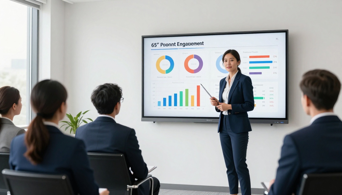 Businesswoman presenting flipbook reader data to team in meeting room