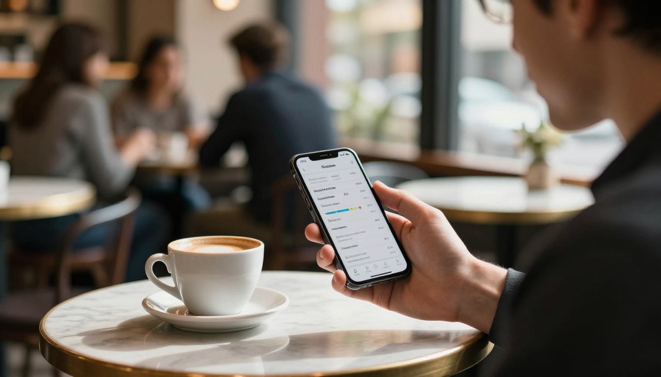 Smartphone showing flipbook analytics app held in cafe setting