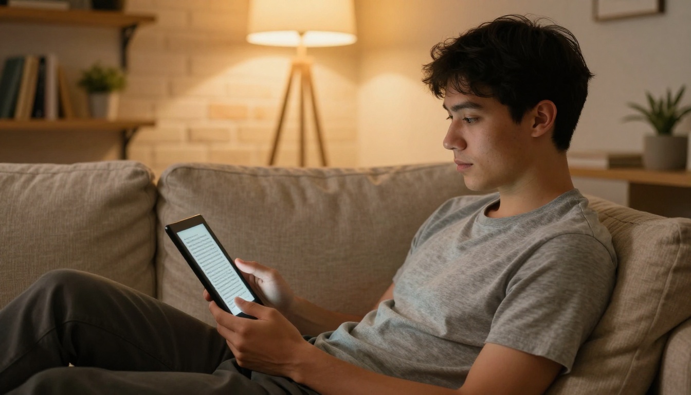 Man reading on an e-reader tablet relaxing on a cozy living room sofa