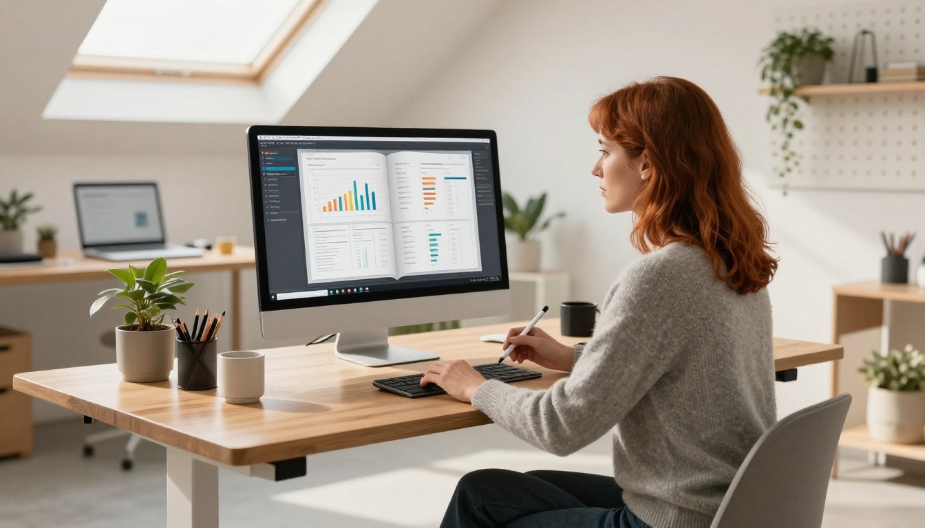 Female entrepreneur at standing desk reviewing flipbook analytics on dual monitors