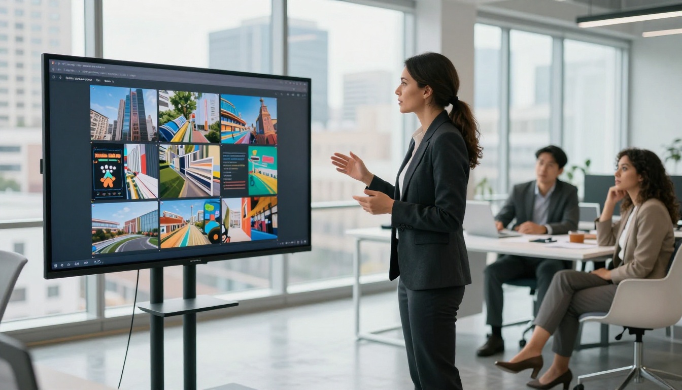 Businesswoman presenting a digital flipbook on a large office monitor to colleagues