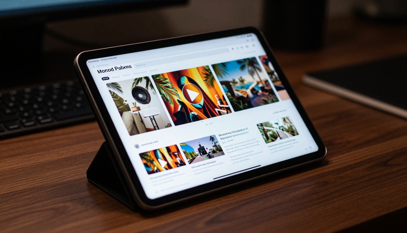 Tablet screen displaying a richly designed digital publication with embedded video thumbnail