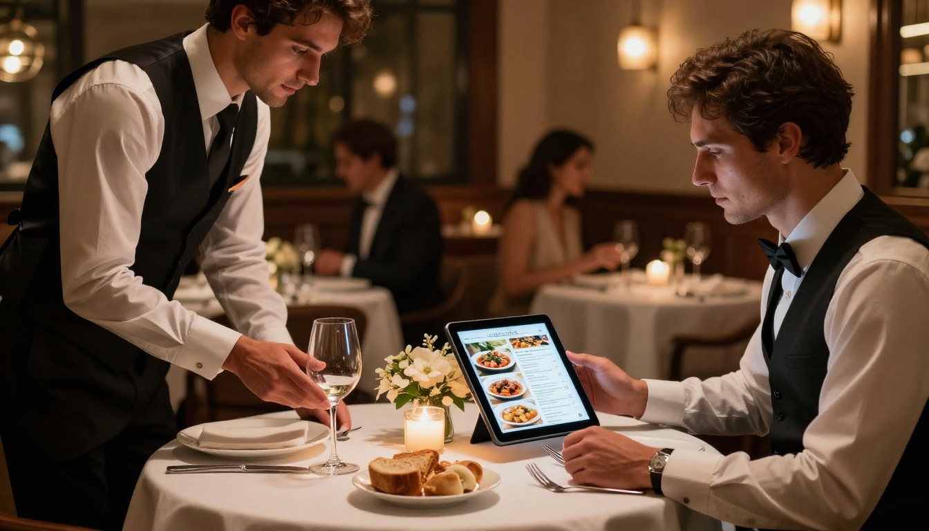 Waiter presenting a digital menu on tablet to a couple at a candlelit restaurant table