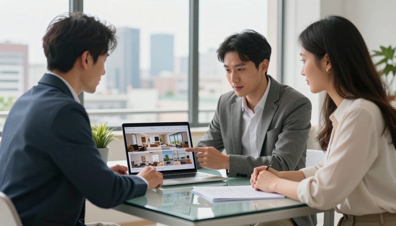 Real estate agent showing a digital property brochure on a laptop to clients