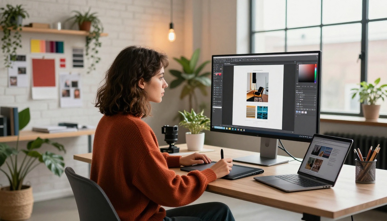 Creative graphic designer working on a digital publication layout in a bright studio