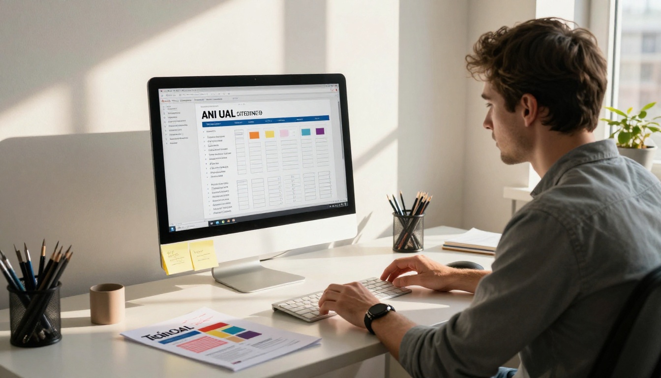 A focused graphic designer arranges a corporate annual report layout on an iMac screen with color swatches and printed proofs nearby